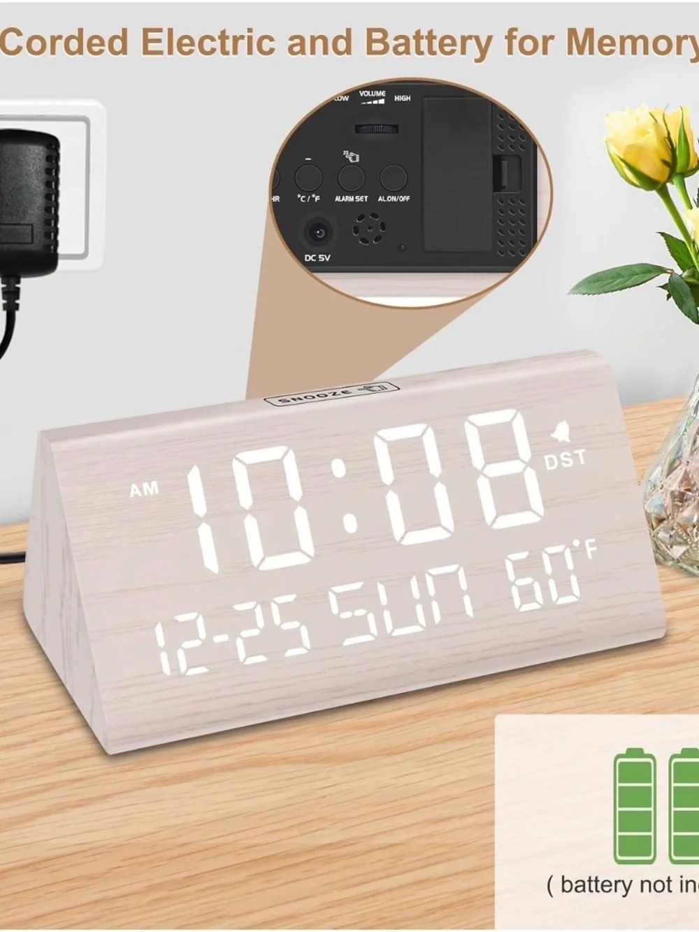 Minimal LED Wood Grain Alarm Clock in White